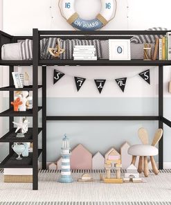 CITILIGHT Heavy Duty Full Size Loft Bed with Storage Shelves – Black 2