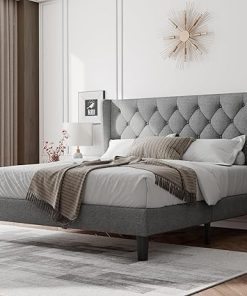 Feonase Full Size Bed Frame with Upholstered Wingback Headboard Light Gray