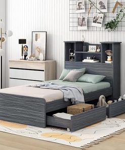 Optimized Twin Kids Bed Frame with Bookcase Headboard and Storage