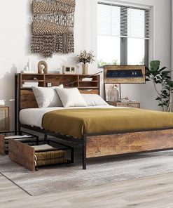 Queen Bed Frame with Bookcase Headboard and Charging Station  
Sturdy Queen Size Bed Frame with Headboard Easy Assembly Vintage Brown