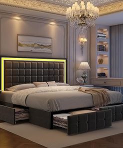 Queen LED Upholstered Bed Frame with 4 Drawers and Adjustable Headboard