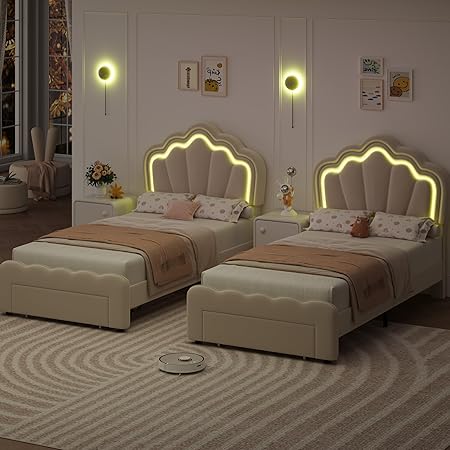 Twin Upholstered LED Bed Frame with Storage Drawer for Girls Twin Upholstered LED Bed Frame with Storage Drawer for Girls
