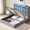 Queen Bed Frame with Storage and LED Lights, Easy Assembly – Light Grey