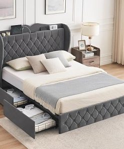 Queen Bed Frame with Charging Station and 4 Storage Drawers Gray