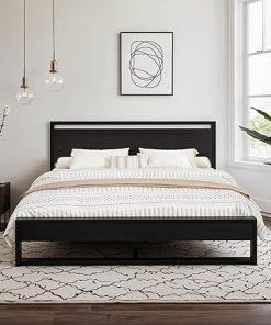 Sturdy Metal Wooden Bed Frame with Headboard Full Black Modern Design