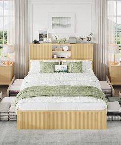 Modern Queen Bed Frame with Bookcase Headboard and Storage Solutions