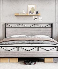 Senfot King Bed Frame Rustic Wood Headboard Heavy Duty Metal Frame