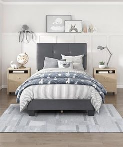 Modern Velvet Twin Bed Frame with Adjustable Headboard Dark Gray 2