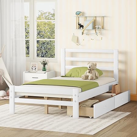 Bellemave Twin Bed Frame with 2 Storage Drawers in White for Kids Bellemave Twin Bed Frame with 2 Storage Drawers in White for Kids