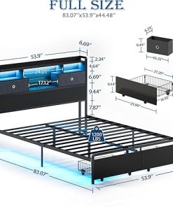 Full Size Bed Frame with All-Round LED Lights, 3-Tier Storage Headboard and Charging Station, Heavy Duty Metal Platform Bed Frame with Underneath Drawers, Noise-Free, No Box Spring Needed 2