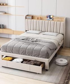 Queen Size Bed Frame with Storage Headboard and Charging Station