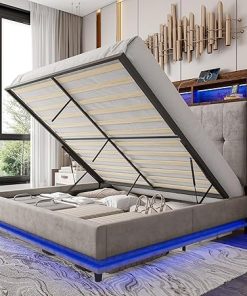Jocisland Queen Bed Frame with Hydraulic Lift Storage and Bookcase