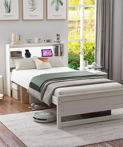 KOMFOTT Twin Size Wood Bed Frame with Storage Headboard and LED Light