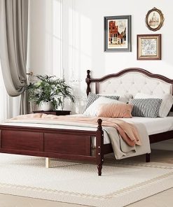 Queen Size Upholstered Bed Frame with Pine Wood Support Classic Cherry