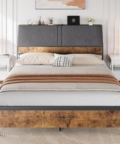 Queen Bed Frame with Charging Station and Storage Headboard