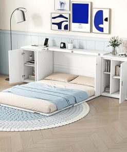 Queen Size Murphy Bed with Shelves and USB Ports for Bedroom