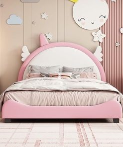 Kids Full Bed with Unicorn Headboard, PU Upholstered Platform Frame