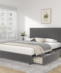 VECELO Full Size Upholstered Bed Frame with 4 Storage Drawers