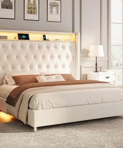 King Size Velvet Bed Frame with Headboard LED Lights and Charging Station