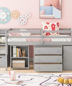 Full Size Low Loft Bed with Storage Stairs and Writing Desk for Kids