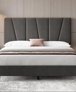 Queen Bed Frame with Adjustable Headboard Upholstered Platform Grey