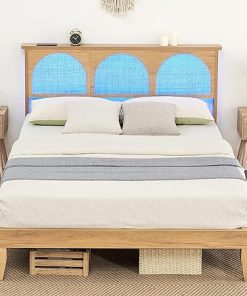 Full Size Rattan Bed Frame with Headboard and LED Lights Easy Setup