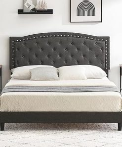 Queen Size Fabric Bed Frame with Tufted Headboard and Easy Assembly