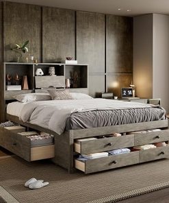 Queen Size Platform Bed with Storage Drawers and Bookcase Headboard