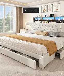 Queen Size Storage Bed Frame with 4 Drawers and LED Light