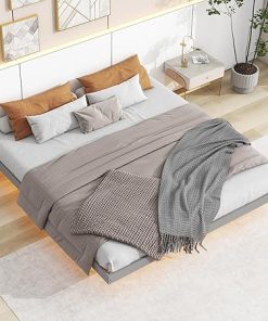 King Size Floating Bed Frame with LED Lights Solid Pine Wood Grey