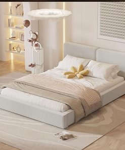 Modern Queen Size Upholstered Bed Frame in Beige Velvet Fabric 2