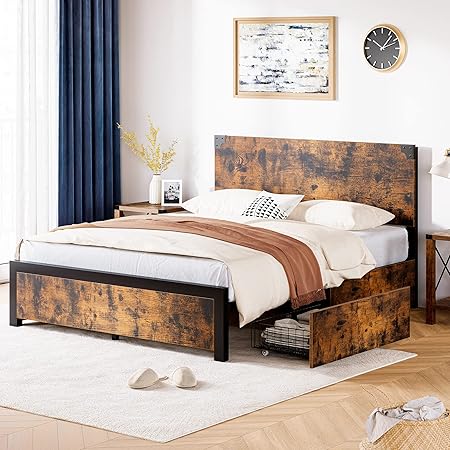 Full Size Bed Frame with 4 Drawers and Headboard Rustic Vintage Full Size Bed Frame with 4 Drawers and Headboard Rustic Vintage
