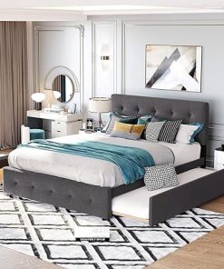 HomSof Queen Upholstered Bed with 2 Drawers and Twin XL Trundle