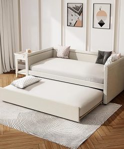 Nailhead Trim Upholstered Daybed with Trundle for Limited Space