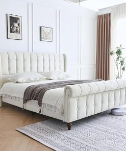 King Size Velvet Upholstered Platform Bed Frame with Tufted Headboard