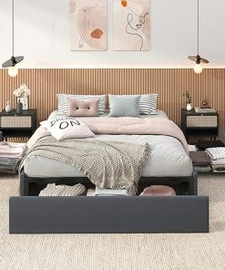 Modern Queen Platform Bed Frame with Storage Drawers Dark Grey