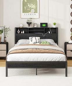 Full Size Bed Frame with Storage Headboard and Charging Station