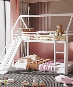 Twin Over Twin Metal Bunk Bed with Guardrail Space Saving Design
