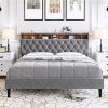 Upholstered Queen Bed Frame with Storage and Gold Decor Headboard 3