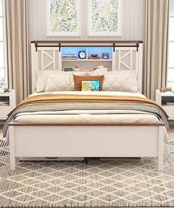 Vabches Farmhouse Full Size Bed Frame with Storage and LED Lights