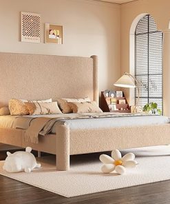 Boucle Full Size Bed Frame with Charging Station and Soft Corners