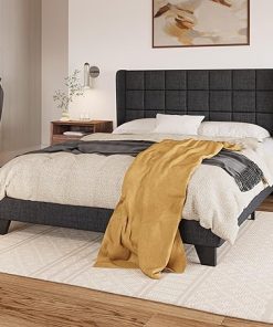 Queen Upholstered Bed Frame with Tufted Headboard and Storage Gray