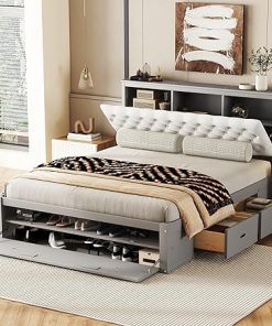 Queen Size Bed Frame with Storage Upholstery Headboard and Drawers