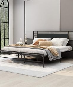 King Size Metal Platform Bed Frame with Headboard and Storage Black