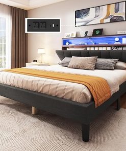 Queen Size LED Bed Frame with Storage Headboard and Charging Station 2