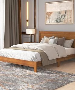 Galano Abby Serene Wood Platform Queen Bed Frame with Headboard, Fit 60” x 80” Mattress Foundation with Wood Slat Support, No Box Spring Needed, 65.3″ L x 83.8″ W x 40.1″ H, Amber Walnut