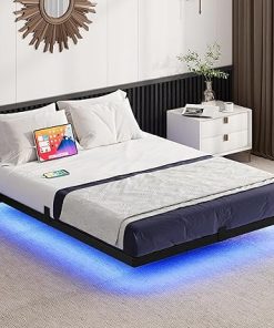 Full Size Floating Bed Frame with LED and Charging Station Black