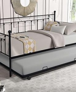 Twin Size Metal Daybed with Trundle Heavy Duty Space Saving Sofa Black