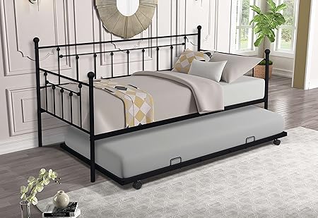 Twin Size Metal Daybed with Trundle Heavy Duty Space Saving Sofa Black Twin Size Metal Daybed with Trundle Heavy Duty Space Saving Sofa Black