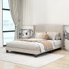 Capri Queen White Metal Bed Frame with Beige Upholstered Foundation 3